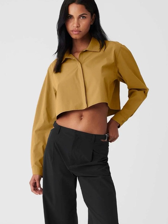 ALO Yoga Tops - Alo Yoga Cropped Take Me Out Button-Up Top – Golden Olive Branch Size XS
